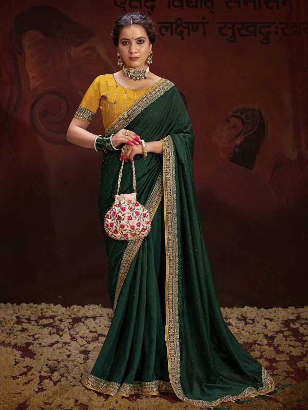 Forest Green Vichitra Silk Embroidered Saree